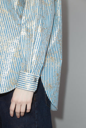 Roman Stripe Gold Paint Bluse, Mountain Blue from ODEEH 