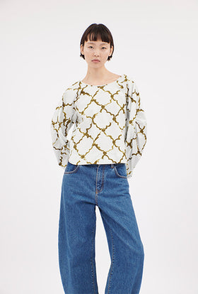 Painted Arabesque Pop Bluse, Goldolive from ODEEH 