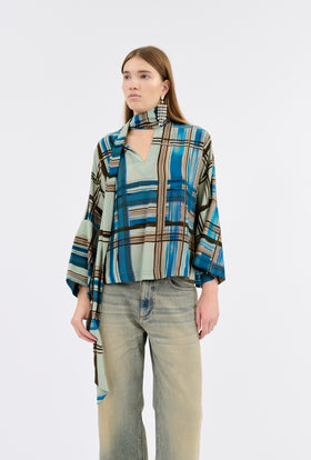 PAINTED MADRAS Twill Bluse, Cobalt from ODEEH 