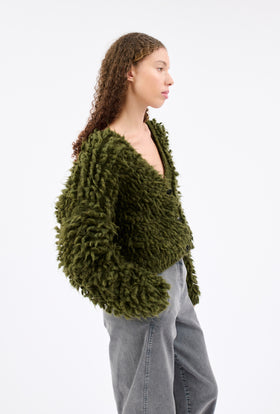 HEAVILY BRUSHED MOHAIR Cardigan, Olive from ODEEH 